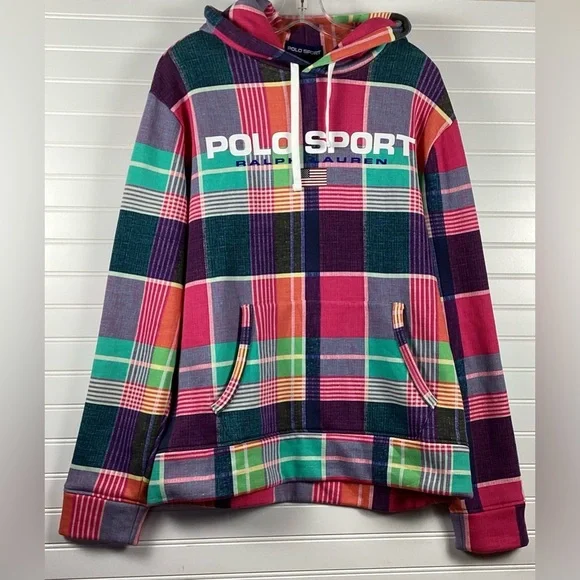 Polo Ralph Lauren Polo Sport Logo Plaid Men Hoodie Size Large Multicolored - Picture 2 of 13